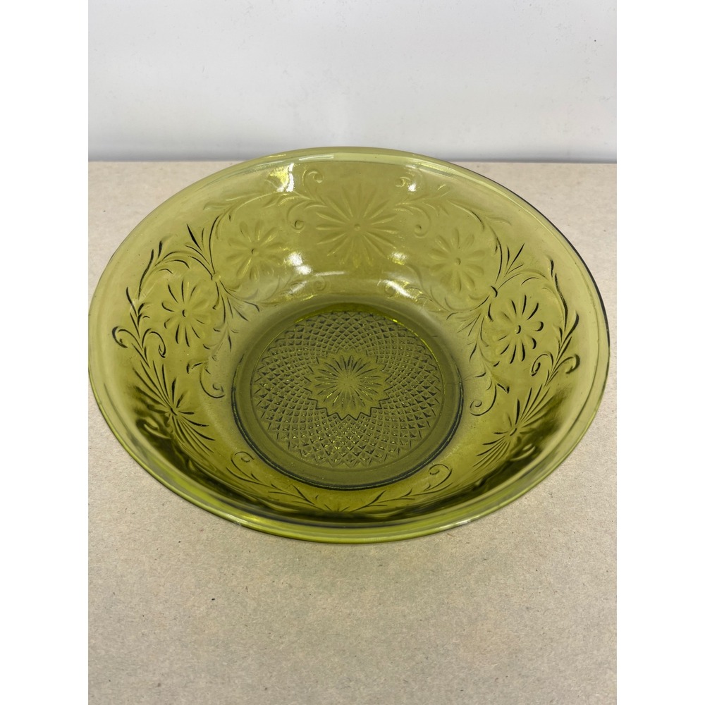 Vintage Indiana Glass Bowl Daisy Pattern Avocado Green signed‎ FTD 1979